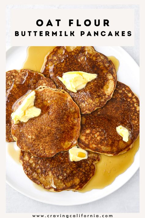 These light and fluffy buttermilk pancakes have a secret ingredient in them... oat flour! Oat flour is made by grinding rolled oats onto a fine, powdery flour that's gluten-free and delicious. These healthy pancakes are perfect for a cozy weekend brunch or breakfast! Gluten Free Buttermilk Pancakes, Egg Free Pancakes, Flourless Pancakes, Oat Flour Pancakes, Fluffy Buttermilk Pancakes, Oat Flour Recipes, Buttermilk Pancakes Fluffy, Paleo Gluten Free Recipes, No Flour Pancakes