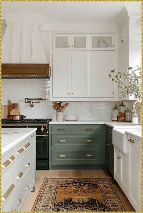 [Promotion] Wondering What The Best Paint For Painting Kitchen Cabinets Is? There's Several From Sherwin Williams, Benjamin Moore And More That Will Ensure Your Diy Job Lasts! #greenkitchencabinets Transitional Farmhouse Kitchen Design, Green Cabinets On Bottom White On Top, Kitchen Green Cabinets Modern, Kitchen White Cabinets Green Walls, Two Tone Cabinets Green, Dark Green Island White Cabinets, Green Kitchen Cabinets With Black Hardware, Different Colored Kitchen Cabinets, Painted Cabinets With Wood Doors