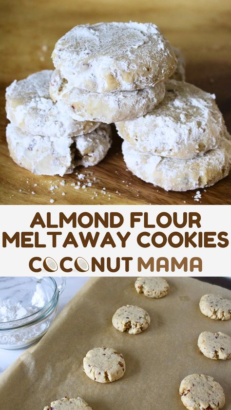 These almond flour meltaway cookies will melt in your mouth! These tasty cookies are gluten-free and made with almond flour. Almond Powdered Sugar Cookies, Egg Free Almond Flour Cookies, Almond Flour Butter Cookies, Dessert Recipes Using Almond Flour, Almond Milk Cookies, Almond Flour Cream Cheese Cookies, Almond Flour Cookie Bars, Christmas Cookies Almond Flour, Clean Christmas Cookies