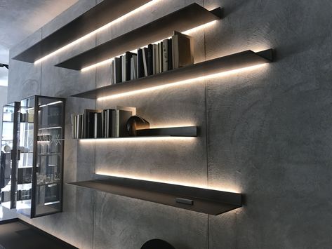 Led Shelf Lighting, Led Shelf, Floating Shelves With Lights, Unique Office Decor, Office Shelf, Unique Office, Shelving Design, Shelf Lighting, Motion Sensors