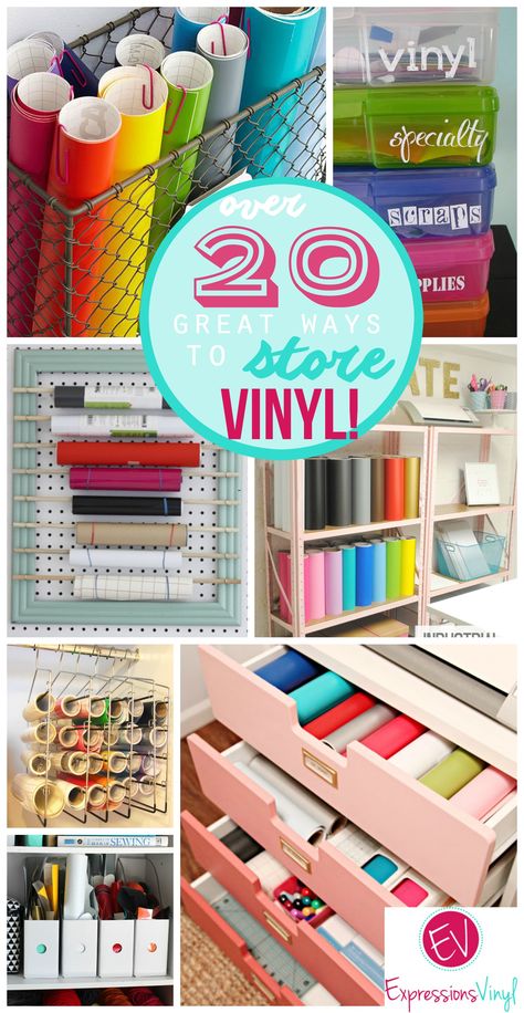 over 20 great ways to store your craft vinyl Organizing Vinyl Rolls, Storing Vinyl Rolls, Circuit Storage Ideas, How To Store Vinyl Rolls, Cricut Station Storage Ideas, Ways To Store Vinyl, Diy Vinyl Storage Rack, Vinyl Storage Ideas, Cricut Storage