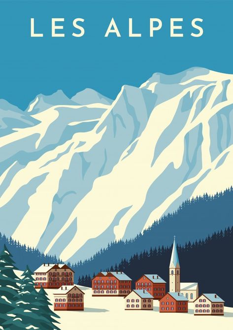 Alps travel retro poster, vintage banner. Lodge Style Decorating, Alps Travel, Austria Winter, Mountain Poster, Ski Poster, Vintage Banner, Pine Mountain, Wendover Art Group, Apartment Art