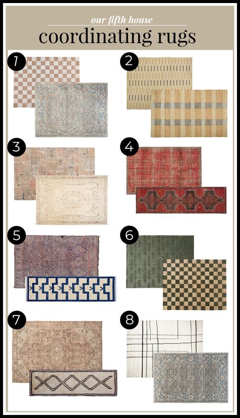 Different Size Rugs In Living Room, Two Rug, Overlapping Rugs Entryway, Layered Kitchen Rugs, Rugs Mix And Match, How To Match Rugs In Same Room, Kitchen Rug Decor Ideas, Overlapping Rugs Bedroom, Whole House Coordinating Rugs