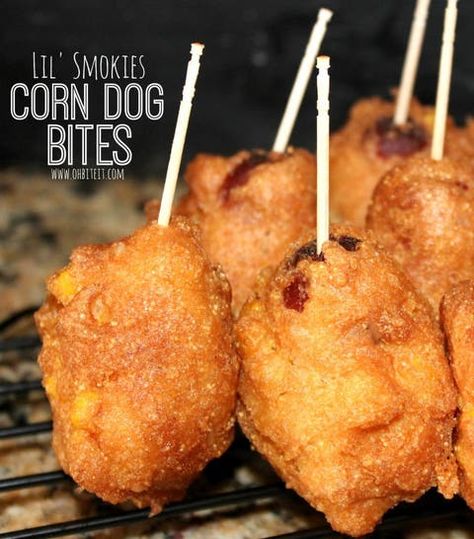 YES! Little Hotdogs Lil Smokies, 2023 Appetizers, Bday Snacks, Corn Dog Bites, Lil Smokies Recipes, Smokies Recipe, Lil Smokies, Fair Foods, Corndog Recipe