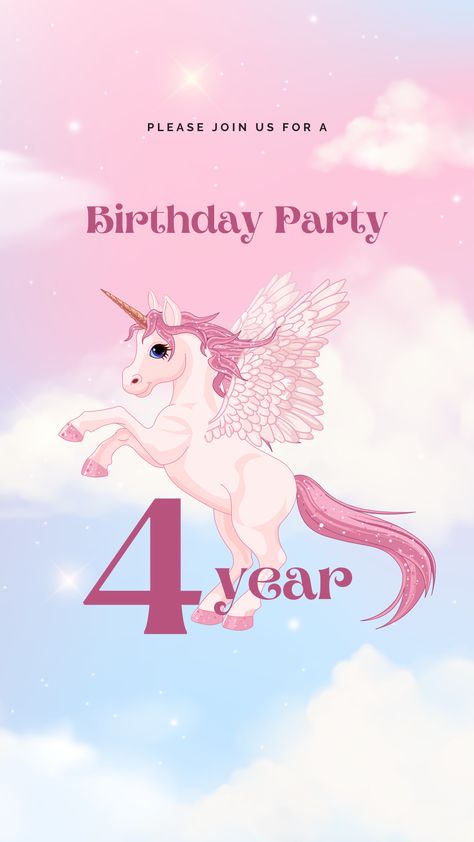 Pink unicorn birthday invitation card for 4 year old Online Birthday Invitations, Birthday Party Invitation Card, Unicorn Birthday Invitation, Birthday Party Treats, Unicorn Birthday Party Invitation, Birthday Invitation Card, Colorful Birthday Party, Unicorn Birthday Invitations, Unicorn Birthday Party