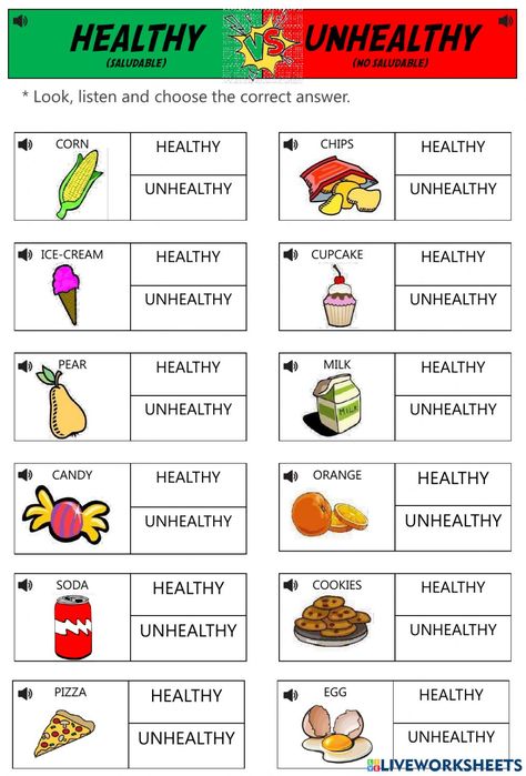 Healthy - unhealthy food online worksheet for primary. You can do the exercises online or download the worksheet as pdf. Healthy Food Activities For Preschool, Food Worksheet, Healthy Food Activities, Healthy Habits For Kids, Food Lessons, Healthy And Unhealthy Food, Food Activities, Unhealthy Snacks, Hygienic Food