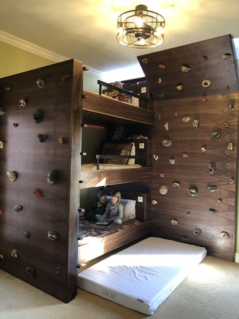 Five Bunk Beds In One Room, Cool Bunk Bed Rooms, Dream Bunk Beds, Six Bunk Beds In One Room, Rock Climbing Bunk Bed, Small Room Multiple Bed, 5 Beds In One Room Ideas, Kids Bunk Beds For Boys, Ikea Bunk Bed Rock Wall