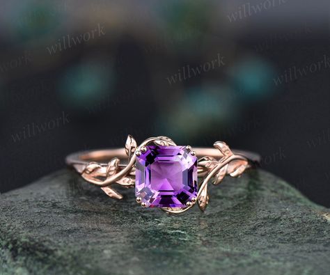 This ring is handmade by myself. The main stone is a 7mm Asscher cut natural purple Amethyst. The band width is about 1.4mm. The material is solid 14k gold(white,yellow,rose gold is also available) Ring size can be choose from the selection box. Matching band available: https://www.etsy.com/shop/willwork?section_id=20674906 This jewelry can also be made in solid 10k,14k,18k gold,with real diamonds.Contact me! Need rush order? contact me! Need custom making order? Contact me! I have confidence on Ethereal Jewelry, Jewelry Photography Styling, Amethyst Ring Engagement, Purple Gems, Cute Engagement Rings, Wedding Anniversary Rings, Solid Gold Jewelry, Bling Rings, Rose Gold Engagement Ring