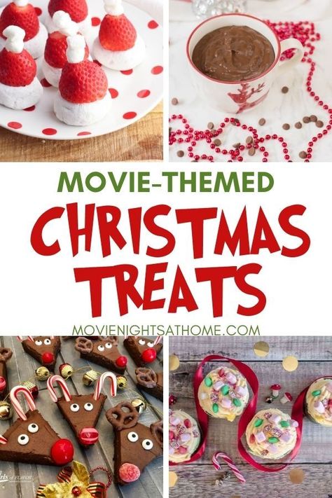 Get the best Christmas Movie Night Snacks to host an epic party or start a family tradition! Each snack paired perfectly for a movie! Christmas Vacation Party Desserts, Christmas Movie Themed Desserts, Santa Claus Movie Night Food, Christmas Movie Desserts, Food From Christmas Movies, Christmas Movie Snacks For Kids, Polar Express Treats For Kids, Christmas Movie Night Snack Board, Christmas Movie Marathon Party