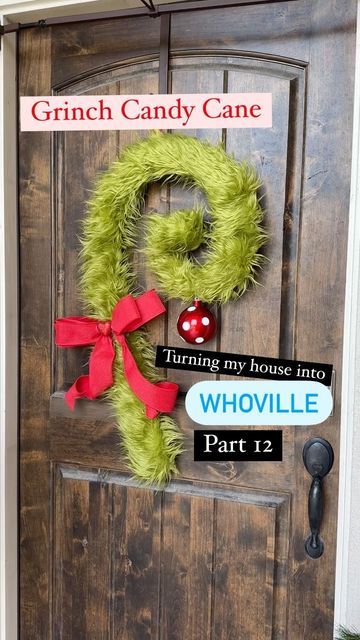 Grinch Gnome Wreath, Grinch Inspired Wreath, $1 Tree Crafts, Pool Noodle Holiday Crafts, Grinch Halloween Decorations, Grinch On The Bench, Grinch Wood Tree, Front Door Grinch Decor, Grinch Door Wreath Diy