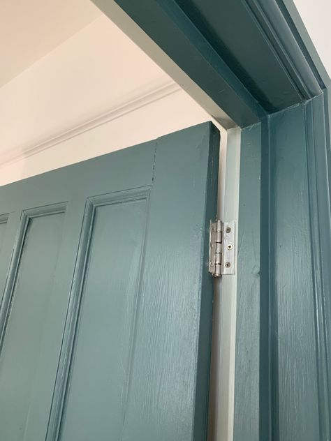 Door Frame Ideas Paint, Door And Frame Different Color, Internal Doors Colour Ideas, Blue Doors White Walls, Internal Door Paint Ideas, Paint Door Frames Interior, Painted Doors And Frames, Blue Door Frame, Wood Internal Doors