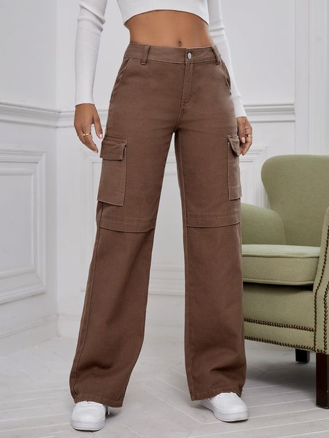 Café integral  Collar  Mezclilla Liso Pierna recta Embellished No-Elástico  Mezclilla para mujer Flap Pocket Cargo Jeans, Pants Embellished, Denim Cargo Pants, Brown Jeans, Denim Cargo, Jean Pockets, Jeans Cargo, Designer Dresses Casual, Coffee Brown