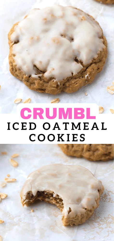 Copycat Crumbl Oatmeal Cookie, Crumble Oatmeal Raisin Cookies, Iced Oatmeal Cinnamon Cookies, Crumble Cookie Oatmeal Copycat Recipe, Crumbl Banana Bread Cookies, Crumble Oatmeal Cookie, Crmble Cookie Recipes, Oatmeal Cookies Iced, Crumbl Cookie Copycat Oatmeal