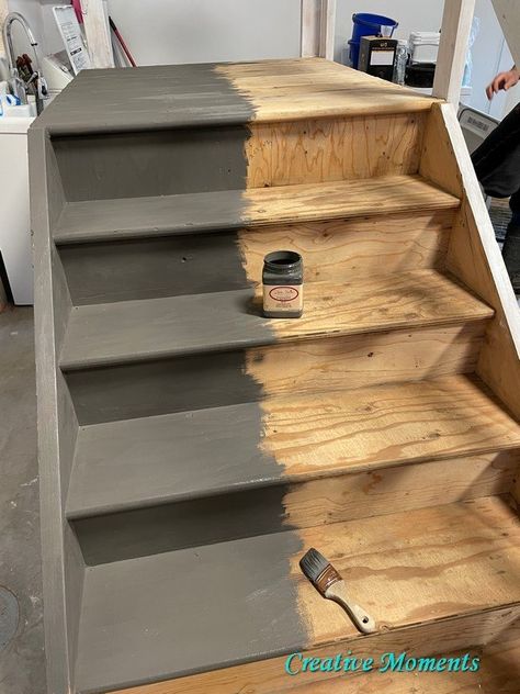 Garage Stairs Makeover, Garage Stairs Into House, Painting Wooden Stairs, Staining Stairs, Painted Wood Stairs, Black Painted Stairs, Painted Steps, Wooden Steps Indoor, I Am Embarrassed