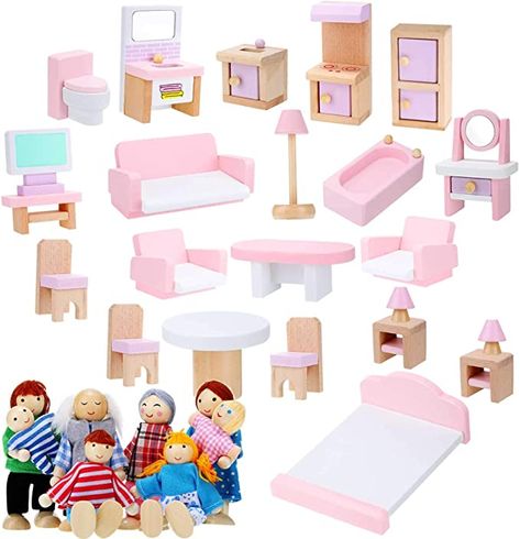 Wooden Dollhouse Furniture, Dollhouse Furniture Sets, Dollhouse Family, Wooden Living Room, Girls Dollhouse, Doll Family, Wooden Doll, Wooden Dollhouse, Family Set