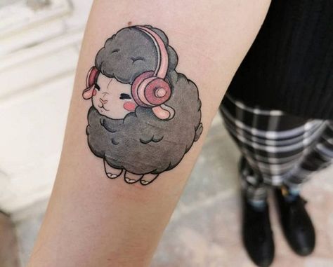 Adha Tattoos, Cartoon Sheep Tattoo, Sheep Tattoo Cute, Black Sheep Tattoos, Cute Sheep Tattoo, Human Face Tattoo, Black Sheep Tattoo Ideas, Sheep Tattoo Design, Tattoo Sheep