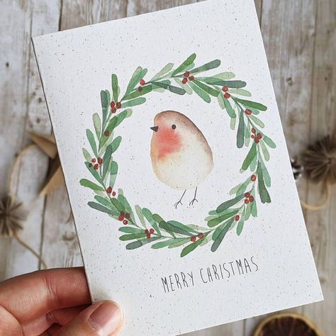 Watercolour Robin Wreath Merry Christmas Card By Callisto Design Co. | notonthehighstreet.com Watercolour Robin, Christmas Illustration Design, Watercolor Christmas Cards Diy, Christmas Cards Drawing, Painted Christmas Cards, Christmas Robin, Wreath Drawing, Christmas Illustrations, Christmas Card Art