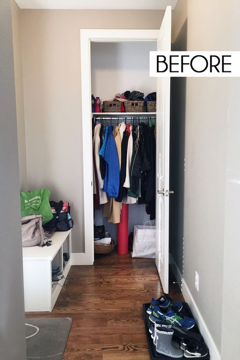 Coat Closet Design, Organizing Bedrooms, Aliexpress Makeup, Coat Closet Storage, Hall Closet Organization, Closet Storage Solutions, Small Coat Closet, Narrow Closet, Deep Closet