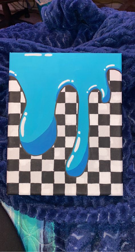 Cool Things To Draw On A Canvas, Weird Painting Ideas Easy, Blue Things To Paint, Dice Painting Canvas, Easy Pictures To Paint For Beginners, 80s Aesthetic Paintings, No Signal Painting, 80s Painting, Checkered Painting Ideas