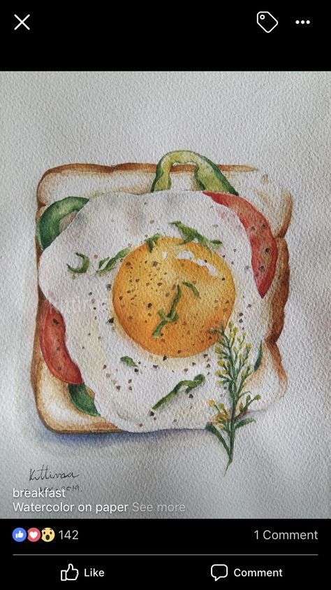 Water Colour Food Art, Watercolor Egg Painting, Food In Watercolor, Breakfast Food Art Drawing, Breakfast Watercolor Food Illustrations, Food Art Watercolor, Food 2 Draw, Watercolour Food Art, Watercolour Food Illustrations