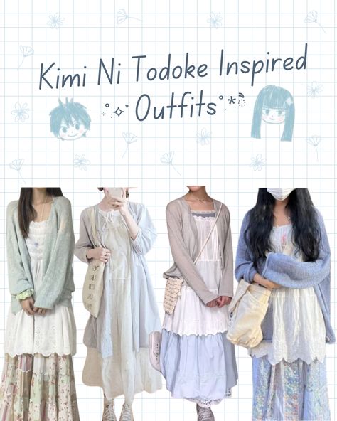 A collage of Kimi Ni Todoke inspired outfits worn by Sawako Kuronuma. Light blue cardigan over a long white eyelet dress and a pink and cream floral skirt. Long light blue button-up top over a tiered white dress with a beige tote bag. Beige cardigan over a long white eyelet blouse and a long blue cotton dress. Macramé purse. Long knit blue cardigan over a short white eyelet dress and a blue and pink floral skirt. Large beige tote bag. Anime characters Sawako Kuronuma and Shouta Kazehaya. Skirts Dresses Outfits, Pants And Dress Outfit, Cute Shojo Outfits, Blue Shoujo Girl Outfit, Casual Angelcore Outfits, White And Blue Skirt Outfit, Flowy Layered Outfit, Summer Shojo Outfits, White Long Pants Outfit