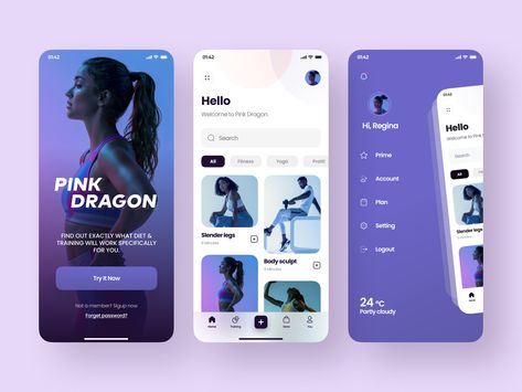 Pink Dragon App Design Part 3 by YueYue for Top Pick Studio on Dribbble Fitness Apps Design, Fitness App Ui, Moodboard App, การออกแบบ Ui Ux, Dance App, Gym App, Fit App, Mobile Application Design, Android Design