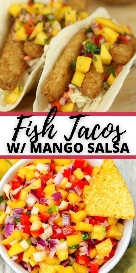 Fish Tacos with Mango Salsa are the perfect combination of crispy, tender fish and sweet and spicy salsa. Throw in your favorite veggies and this is one dinner that everyone will love. Fish And Salsa Recipe, Fish Tacos With Peach Salsa, Mango Salsa Fish Recipes, Fish Tacos Salsa, Tilapia Mango Salsa, Mango Salsa Recipe Fish Shrimp Tacos, Recipes Using Mango Salsa, Fish Taco Mango Salsa, Fish Tacos With Mango Slaw