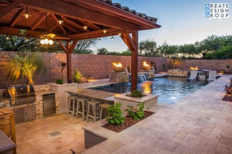 Small Pool And Outdoor Kitchen Ideas, Pool And Grill Outdoor Spaces, Pool Pavilion Ideas Outdoor Living, Swim Up Bar Pool, Swimming Pools Backyard Landscape, Outdoor Kitchen And Pool, Oregon Backyard, Richmond Apartment, Arizona Backyard