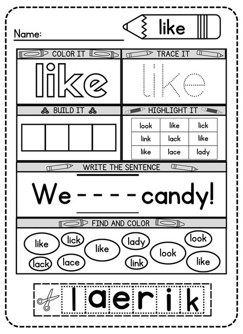 Use this free printable like sight word worksheet to explore a world of interesting ways to learn to read and write! This free worksheet combines creative thinking with effective practice, making it perfect for young kindergarten students. If you want to see your child's reading and writing skills take off, download it right away! Free 1st Grade Curriculum, Sight Word With Worksheet, Sight Word Practice Preschool, First Grade Ela Worksheets Free Printables, Is Sight Word Worksheet, Writing Activities For Kindergarten Free, Teaching Site Words Kindergarten, Sight Word Like Worksheet Free Printable, Eld Activities Kindergarten