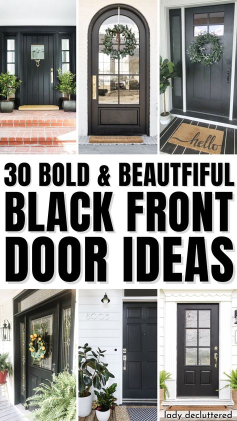 30 Bold & Beautiful Black Front Door Ideas White House Black Door And Shutters, Front Home Remodel, Door Painting Ideas Front Door, Black Front Door With Black Trim, Black Double Front Door Ideas, Black Front Entry Doors With Sidelights, Black Door Wreath Ideas, Black Front Door With Brass Hardware, Modern Glass Front Door Entrance