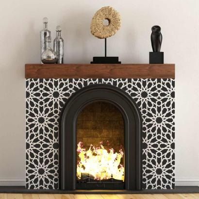 Moroccan stencils Patterns & Indian stencils Designs Boho Fireplace Ideas, Moroccan Tile Fireplace, Moroccan Fireplace, Fireplace Revamp, Easy Room Makeover, Herringbone Wall Stencil, Mantel Makeover, Fireplace Options, Geometric Wall Stencil