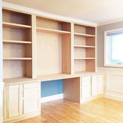 Get that high-end look on a realistic budget! Built In Bookshelves, Home Office Furniture Design, Office Built Ins, Office Furniture Design, Office Makeover, Small Home Office, Built In Bookcase, Craft Room Office, Built In Cabinets