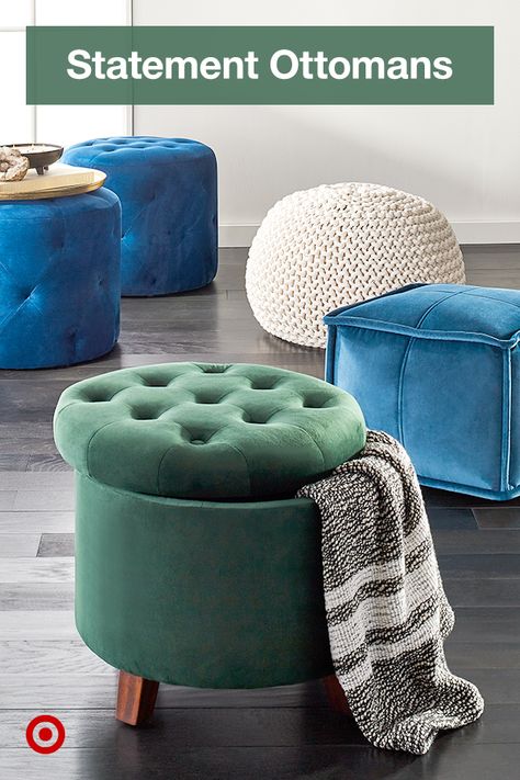 Modern, farmhouse or contemporary ottomans add additional seating to living room decor. Stools For Living Room, Living Room Hutch, Pouf Seating, Interior Design Living Room Modern, Statement Furniture, Room Seating, Livingroom Layout, Living Room Seating, Front Room