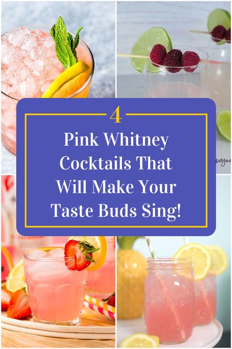 Collage of 4 pink whitney cocktails. Drinks To Make With Pink Whitney, Cocktails With Pink Whitney, Mixed Drinks With Pink Whitney, Drinks Made With Pink Whitney, Pink Whitney Mixed Drinks, Pink Whitney Recipes, Pink Whiskey Drinks, Mix Drinks With Pink Whitney, Pink Whitney Cocktails