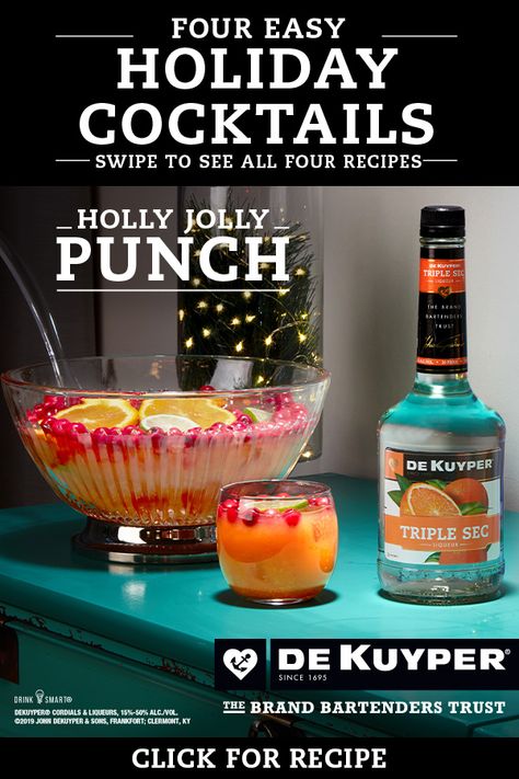 Deck your bar with these four simple DeKuyper holiday cocktails. Holly Jolly Punch, Easy Holiday Cocktails, Holiday Punch Recipe, Christmas Punch Recipes, Punch Drinks, Holiday Punch, Liquor Drinks, Punch Recipe, Sweet Tart