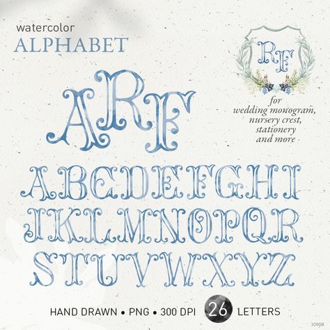 Monogram Alphabet Letters, Alphabet Font, C Monogram, Illustrated Alphabet, Watercolor Letters, Watercolor Crest, Watercolour Monogram, Watercolor Monogram Letter, Vintage Wedding Monogram