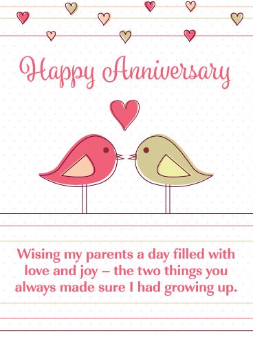 Send the two love birds in your life, your parents, this sweet wedding anniversary card. The fact that their child is sending such a loving card their way will touch their hearts. This delightful anniversary card features two little birds that are in love, as well as colorful hearts! It expresses that you wish them a day filled with love and joy, the two things they provided to you as you were growing up. Reading this will certainly make their wedding anniversary extra special! Anniversary Cards For Parents, Cricut Anniversary Card, Happy Anniversary Parents, Happy Anniversery, Happy Anniversary Mom Dad, Card For Parents, Wedding Anniversary Greeting Cards, Happy Anniversary Card, Happy Wedding Anniversary Wishes