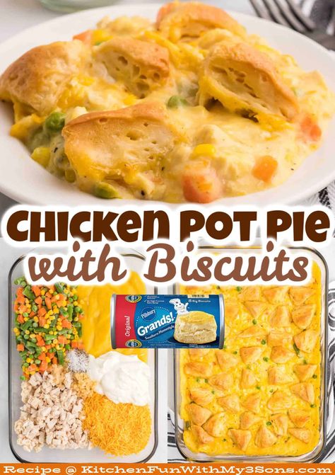 With just a handful of ingredients and a few minutes of prep, this Chicken Pot Pie with Biscuits is always a family favorite. Perfect for busy weeknights, it's ready in just 30 minutes! Best Crockpot Chicken Pot Pie, Pre Make Dinner Ideas, Chicken Pot Pie Soup With Biscuit Dumplings, Pillsbury Biscuit Pot Pie, Easy Chicken Pot Pie With Rotisserie, Cast Iron Chicken Pot Pie With Biscuits, Chicken Pot Pie Dump, Baked Potato Chicken Pot Pie, Chicken Pot Pie Bake With Biscuits