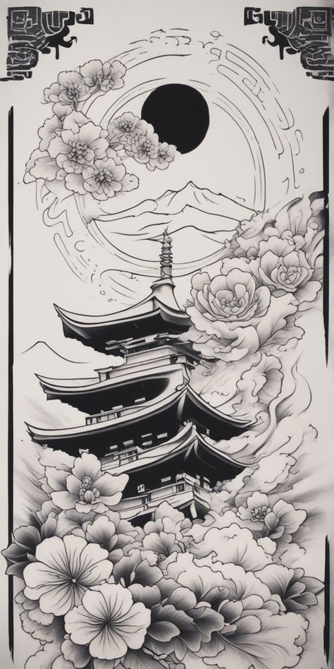 The image showcases a striking black and white Japanese tattoo in Neo-traditional style over a blank canvas. The solid black strokes blend seamlessly with intricate white lines, creating a visually engaging and artistic representation. Japanese Black Tattoo Design, Japanese Ink Painting Tattoo, Japanese Inspired Back Tattoos, Full Sleeve Tattoos Women Japanese, Japanese Tattoos Stencil, Japanese Pencil Drawing, Neo Asian Tattoo, Japanese Cherry Blossom Tattoo Thigh, Japanese Style Tattoo Art