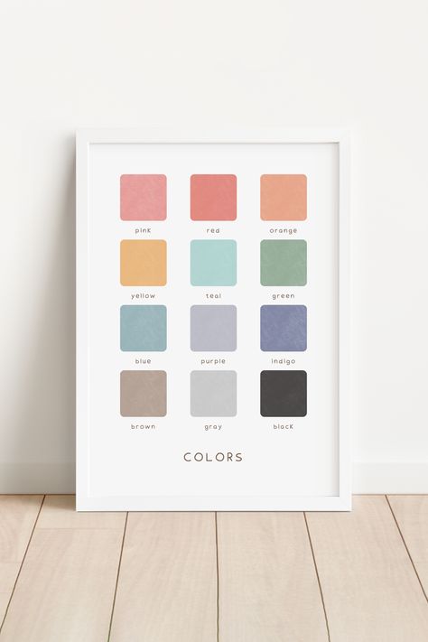 Colors Education Poster, Printable Colors Wall Art, Rainbow Classroom Decor, Learn Colors, Montessori Wall Art Print, Digital Download Kids Color Palette Fun, Montessori Color Palette, Children Color Palette, Scandinavian Color Palette, Toy Painting, Rainbow Color Palette, Colors Poster, Montessori Color, Wall Art Rainbow