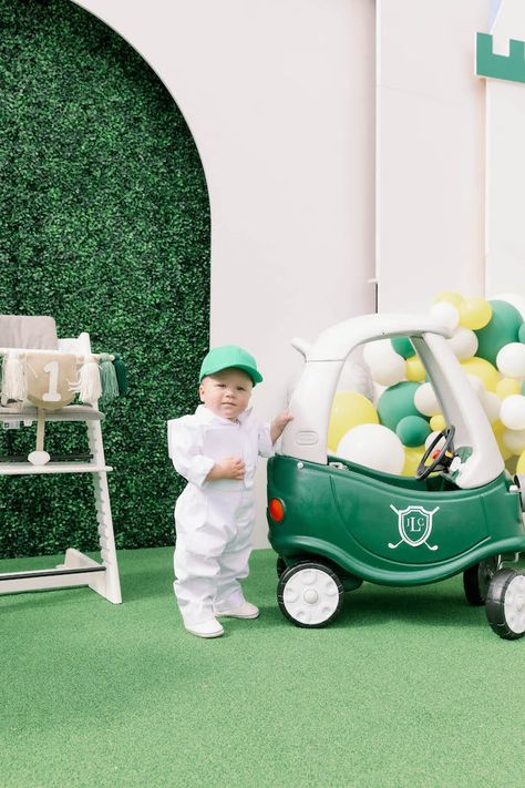 Little Tykes Coupe Golf Cart, Golfing Birthday Party, Masters Themed 1st Birthday Party, Masters Theme Balloon Arch, Masters Birthday Party Baby, Golf Cozy Coupe, Putt Putt Birthday Party, First Birthday Masters Theme, Golf First Birthday Pictures