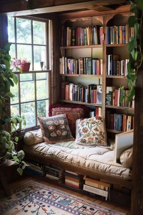 Home Reading Nook Ideas, Reading Nook Dark Academia, Home Book Nook Ideas, Unique Vintage Home Decor, Bedroom Bookcase Ideas Aesthetic, Cottage Sitting Room Ideas, Cottage Core Library Room, Cozy Old Home, Cozy Cottage Home Decor