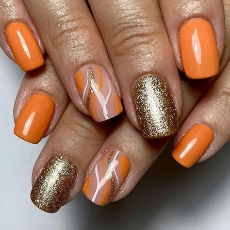 Mustard And Gold Nails, Orange White And Gold Nails, Orange Foil Nails, Autumn Nail Designs 2023, Fall Fingernail Designs Autumn, Autumn Holiday Nails, Gold Orange Nails, Orange And Gold Nail Designs, Orange Gold Nails