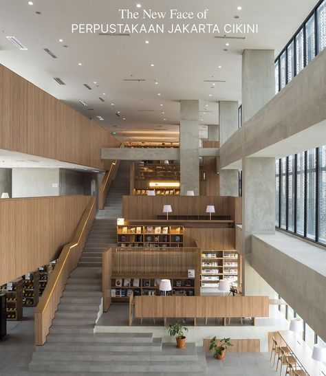 M'sians Criticise Local Libraries After Photos Of A Stunning Library In Jakarta Go Viral Library Stairs Architecture, Modern Library Design Interiors, Modern Library Design Architecture, Study Hall Aesthetic, Library Interior Design Public, Perpustakaan Aesthetic, Public Library Architecture, Taman Ismail Marzuki, Library Exterior