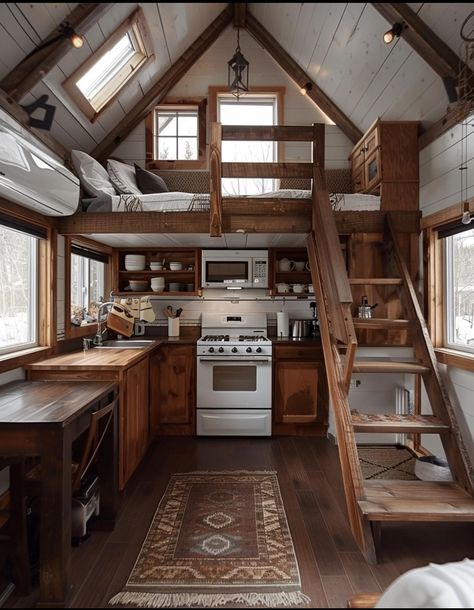 Small Country Home With Loft, Rustic Tiny House Cabin Loft, Lofted Barn Cabin Interiors Tiny Homes Loft, Tiny Home With Large Loft Area, Tiny House With Loft, Double Loft Tiny House Rustic, Small House Inspiration, Off Grid Tiny House, Tiny House Stairs