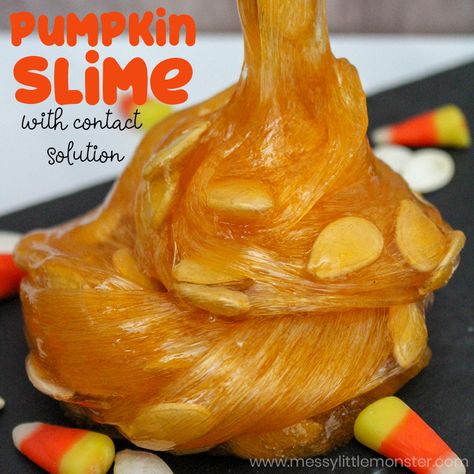 Pumpkin Slime, Slime With Contact Solution, Halloween School Treats, Contact Solution, Easy Slime Recipe, Slime Time, Pumpkin Activities, Slime For Kids, Halloween Treats Easy