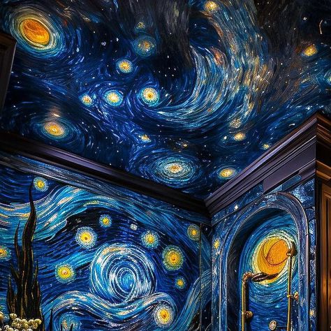 Starry Night Bedroom, Beginners Art, Beginners Painting, Starry Night Art, Starry Night Painting, Ceiling Murals, Art Deco Abstract, Fantasy Rooms, Arte Van Gogh