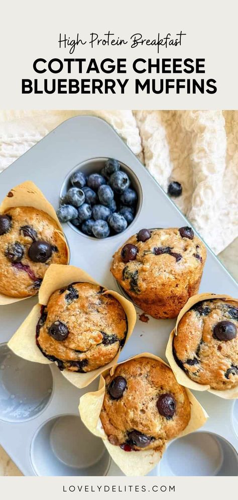 Cottage Cheese Blueberry Muffins are a healthy, high protein breakfast muffin that is easy to make ahead for the entire week. These muffins are filled with fresh blueberries for a naturally sweeter taste. A great cottage cheese recipe to prep at the start of the week for a quick grab and go breakfast throughout. Lemon Blueberry Cottage Cheese Muffins, Cse Protein Recipes, Healthy Muffin Recipes Protein, Healthy Breakfast Muffins Egg, Easy Protein Breakfasts, Healthier Blueberry Muffins, Cottage Cheese Blueberry Muffins Healthy, Organic Blueberry Muffins, Cottage Cheese And Egg Muffins