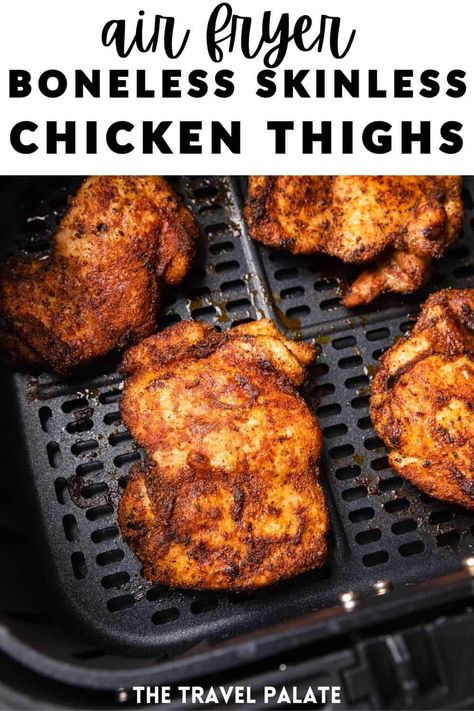 This Air Fryer Boneless Chicken Thighs recipe is a quick and easy solution to your dinner time needs. They are coated in a homemade spice rub and air fried to golden brown perfection in about 12 minutes! Air Fryer Mexican Chicken, Fried Chicken Thighs Boneless, Mexican Chicken Thighs, Chicken Thighs Boneless Skinless, Air Fryer Recipes Chicken Thighs, Dinner Mexican, Air Fryer Pork, Air Fryer Chicken Thighs, Air Fryer Pork Chops