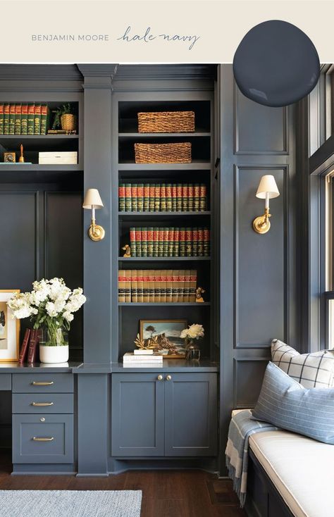 Our Favorite Blue and Gray Paint Colors | Bria Hammel Interiors Blue Grey Paint Color Cabinets, Built In Desk Paint Colors, Wall Moulding Office Design, Navy Blue Built In Cabinets, Hale Navy Painted Furniture, Built In Entertainment Center Paint Colors, Built In Bookcase Paint Colors, Painted Ceiling Library, Tongue And Groove Built Ins